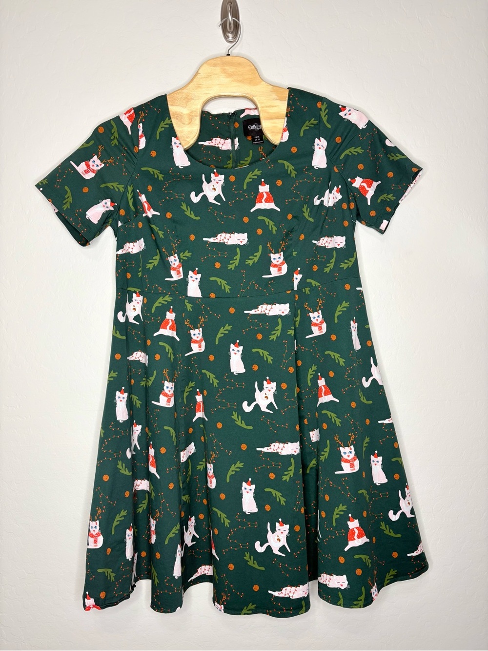 Collectif Amber Kitty Kat Christmas Swing seeDress Green Cat Print Plus Size US
